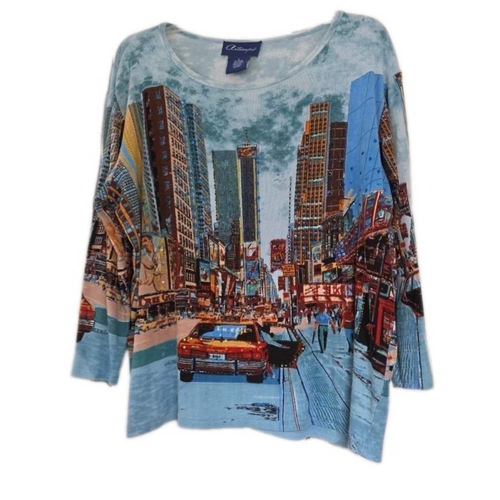 Vintage Artscapes Women's Beaded City Taxi 3/4 Sleeve Top Large Blue Multicolor